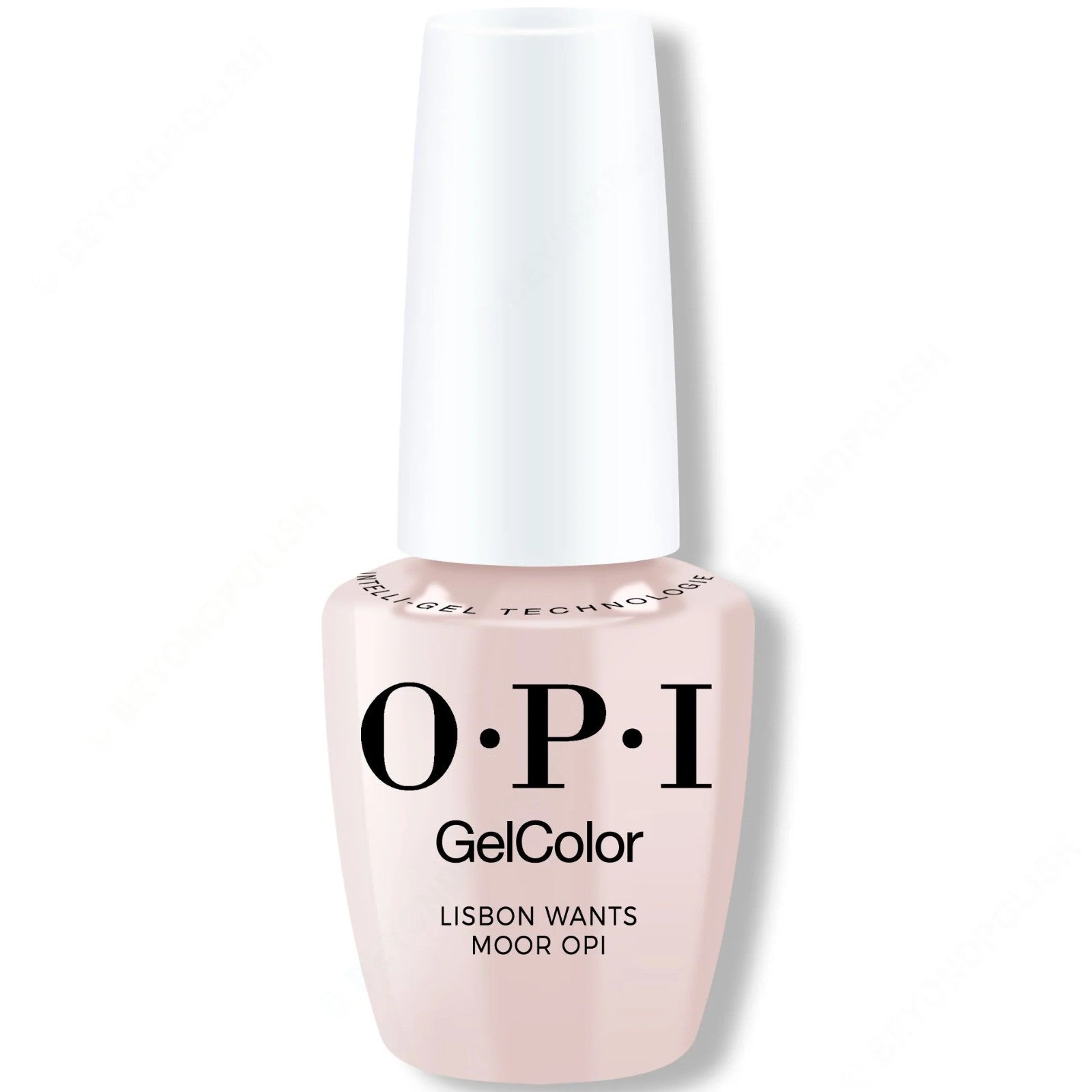OPI GelColor nail polish bottle in the shade 'Lisbon Wants Moor OPI', featuring a pale pink color and a white cap, on a white background.